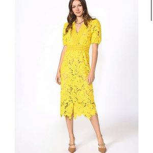 Adelyn Rae Button Front V-Neck Illusion Lace Short Puffed Sleeve Midi Dress